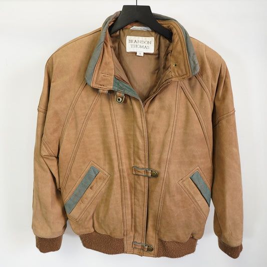 (S) Vintage 90s Brandon Thomas Leather Bomber Aviator Jacket Men's S Tan Brown Retro