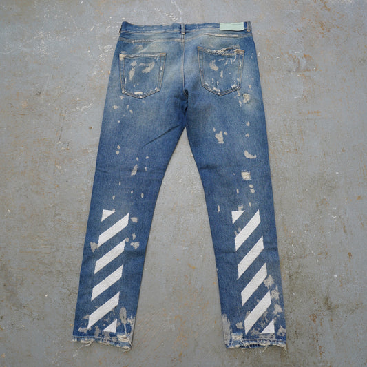 (34x32) Off-White Virgil Abloh Distressed Denim Blue Jeans Slim Fit Men's 34x32 Italian