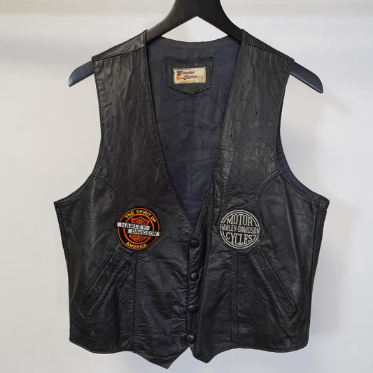 (38 M) Vintage Harley Davidson Genuine Leather Biker Vest Men's Patches Black