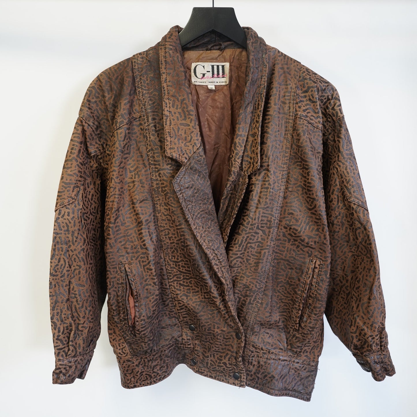 (Women's M) Vintage G-III Animal Print 80s Leather Jacket Women's M Brown Cheetah Pattern