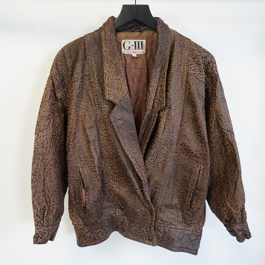 (Women's M) Vintage G-III Animal Print 80s Leather Jacket Women's M Brown Cheetah Pattern