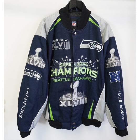 (XXL) Vintage Seattle Seahawks Super Bowl XLVIII Champs Nascar Jacket Mens 2XL Patch