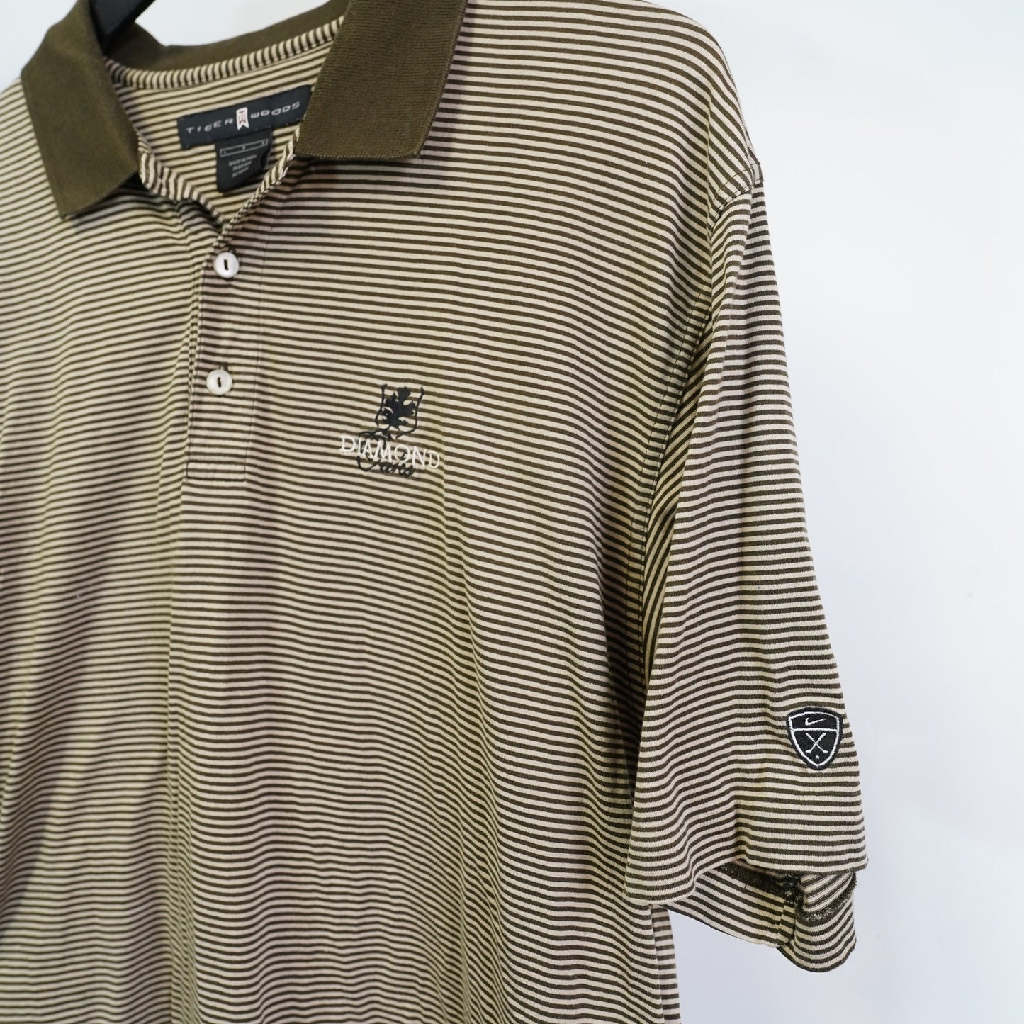 (L) Vintage Tiger Woods Nike Striped Golf Polo Shirt Men's L Brown Tan Preppy