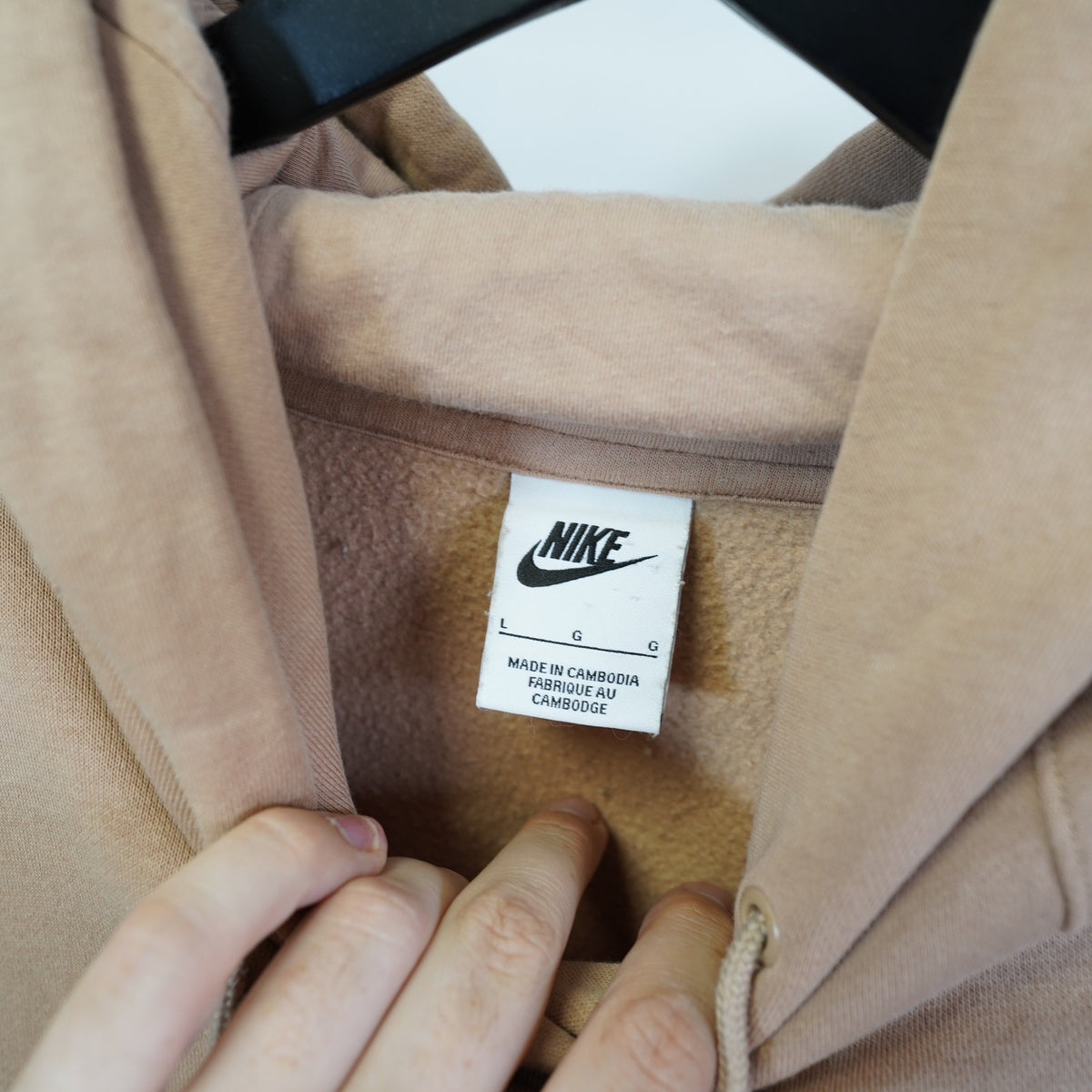 (L) Nike Center Swoosh Pullover Hoodie Men's L Tan Retro Cream Center Check Minimal