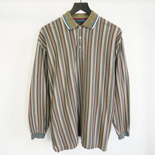 (M) Vintage 90s Greg Norman Striped Knit Golf Polo Shirt Men's M Tan Gray Longsleeve