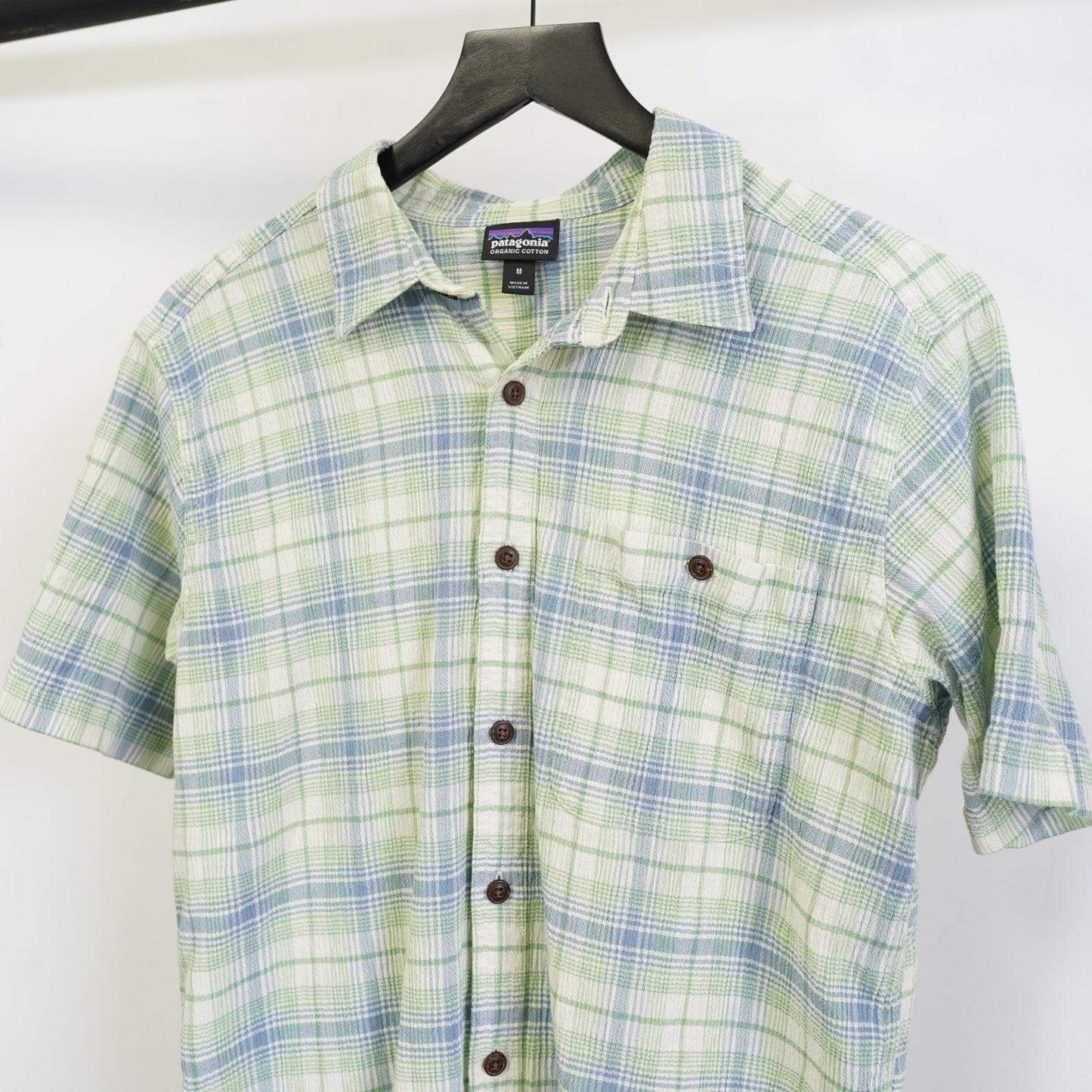 (M) Patagonia Plaid Organic Cotton Button Up Short Sleeve A/C Shirt Men's M Green