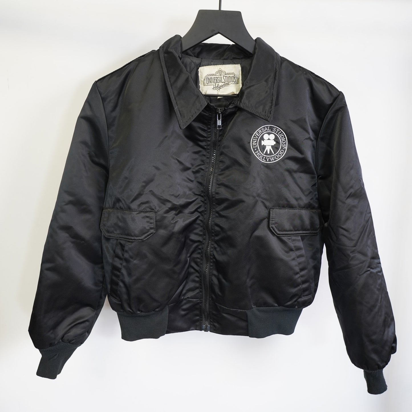 (Youth L) Vintage Universal Studios Hollywood Bomber Jacket Kids Large Black 90s Satin