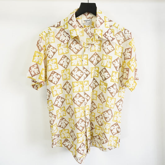 (L) True Vintage Wide Collar 70s Geometric Print Button Up Shirt Mens L White Disco