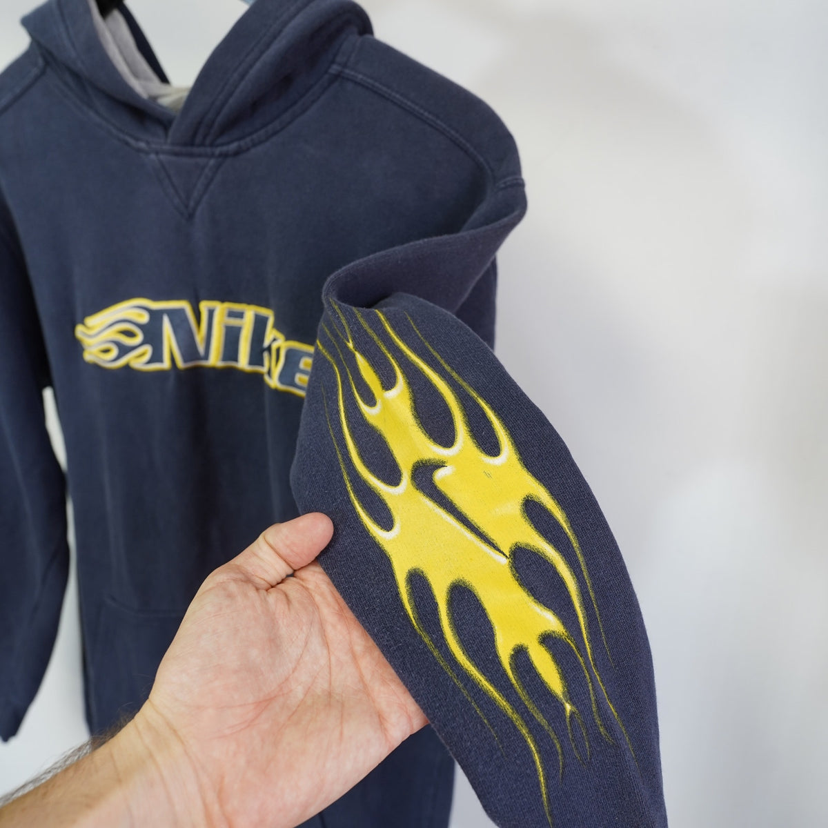 (Men's S) Vintage Nike Y2K Flame Embroidered Hoodie Men's S Youth XL Navy Blue 2000s