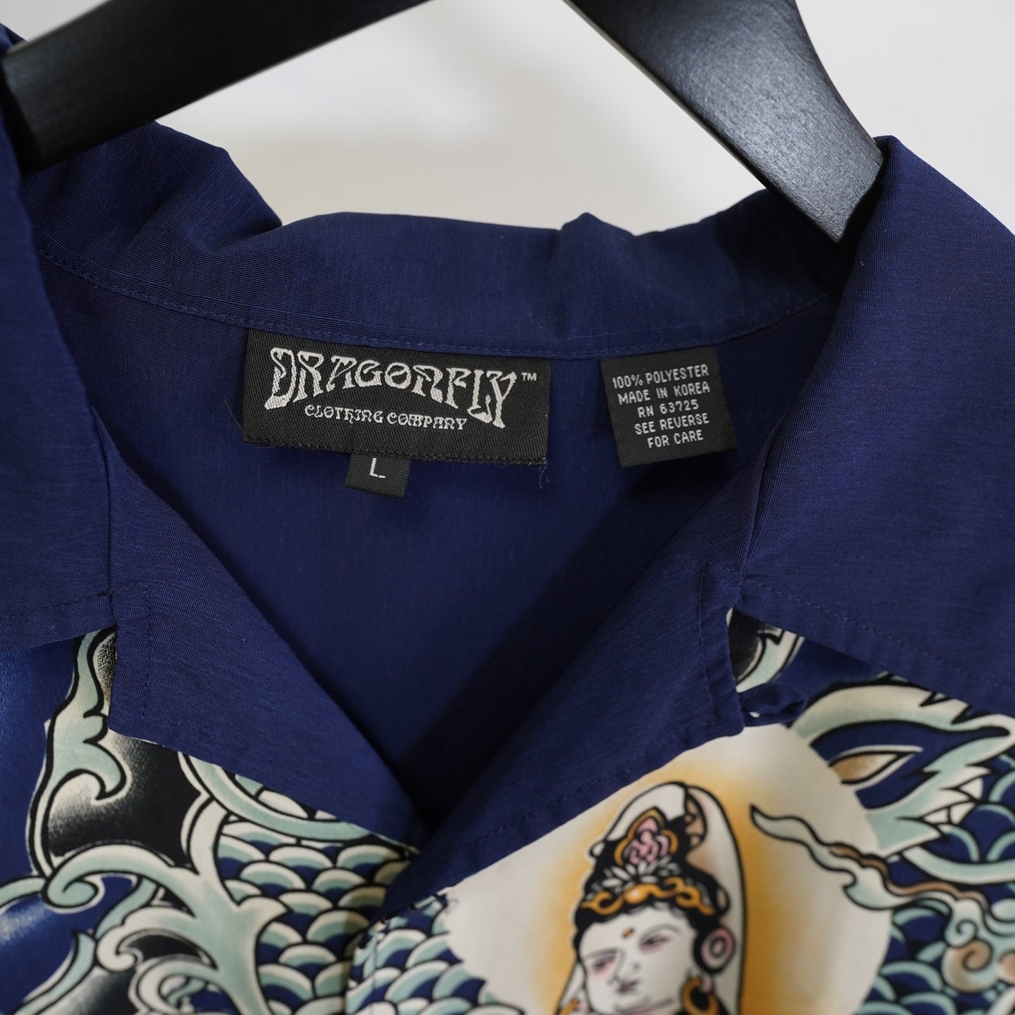 (L) Vintage Dragonfly Y2K Samurai Japanese Button Up Shirt Men's L Blue AOP 2000s