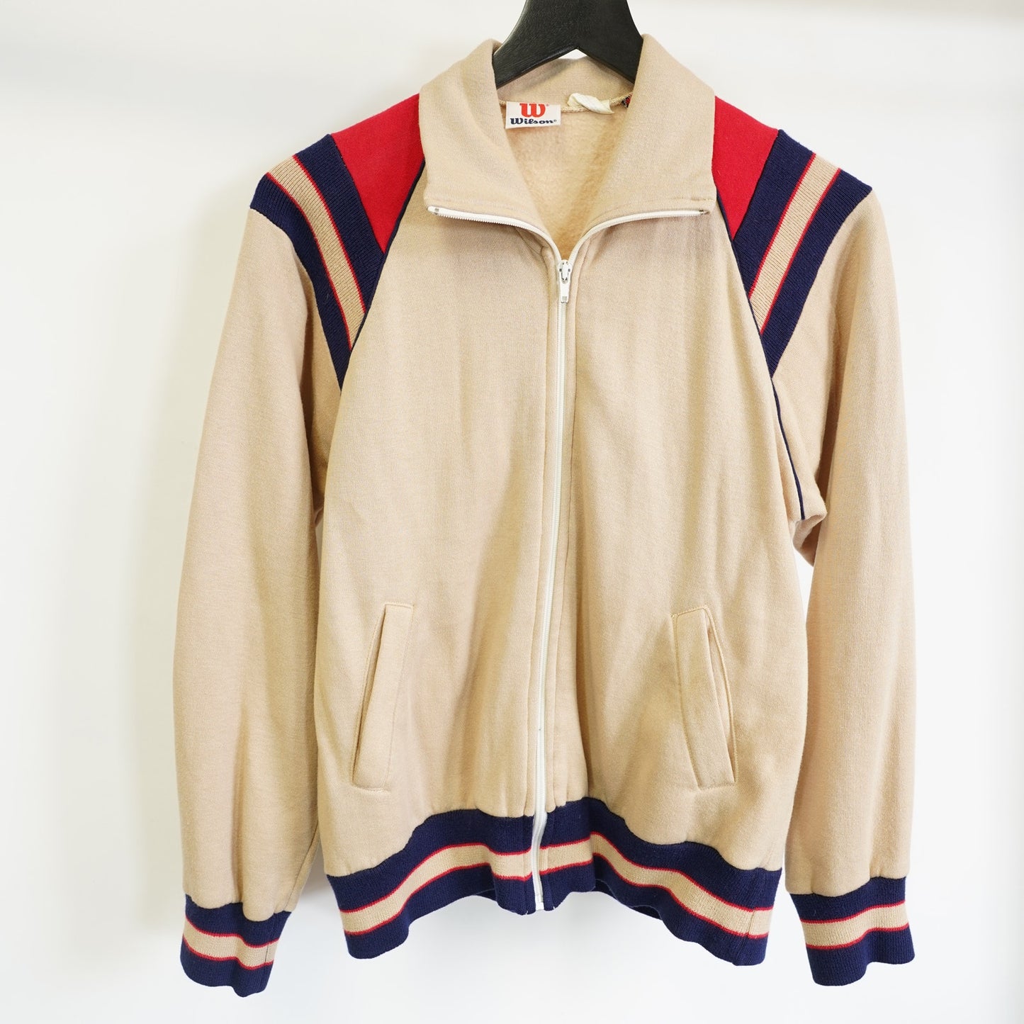 (S) True Vintage 1980s Wilson Track Jacket Full Zip Men's S Tan Red Tennis Striped
