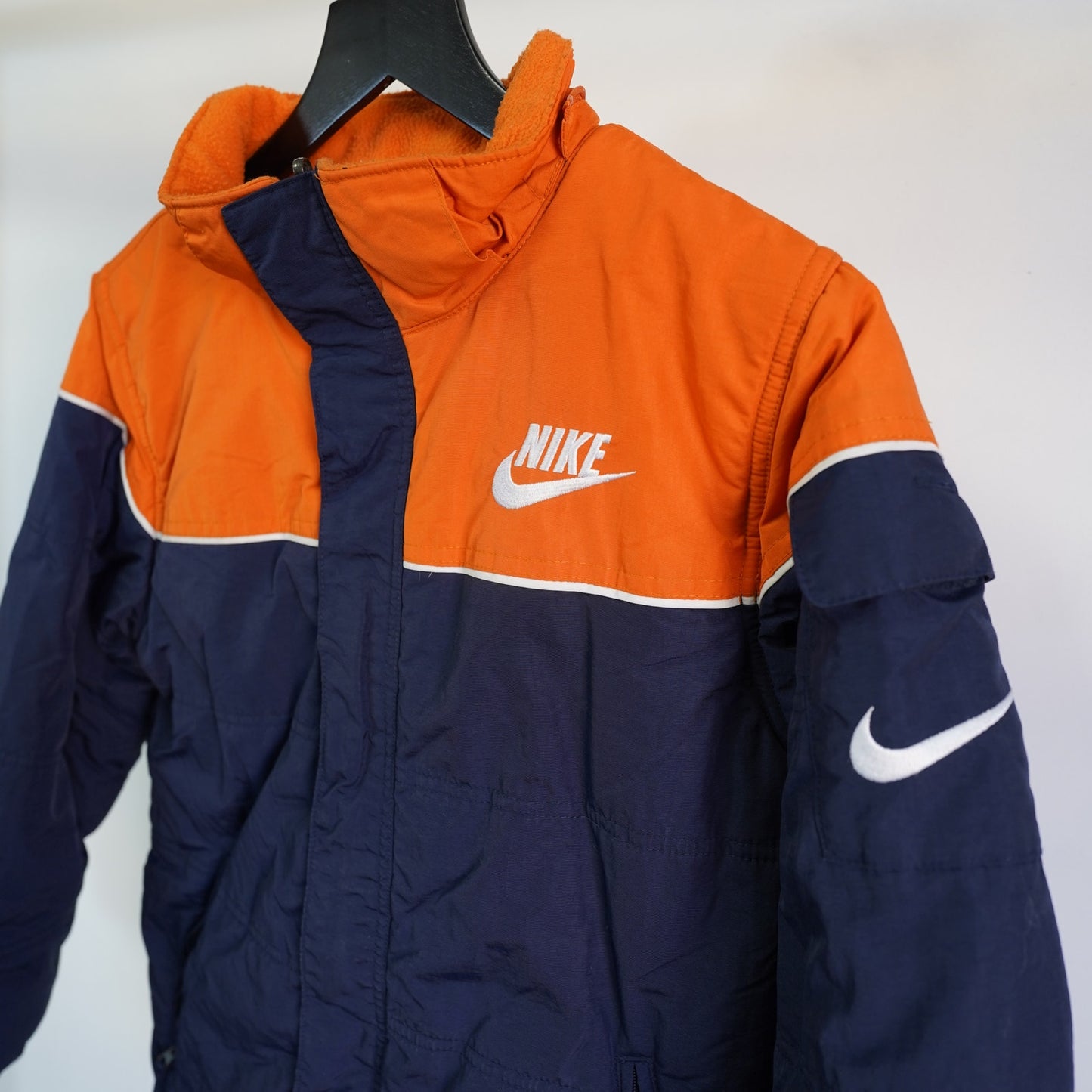 (Youth M) Nike Puffer Jacket Reversible 10-12 Big Swoosh Two-Tone Orange Navy