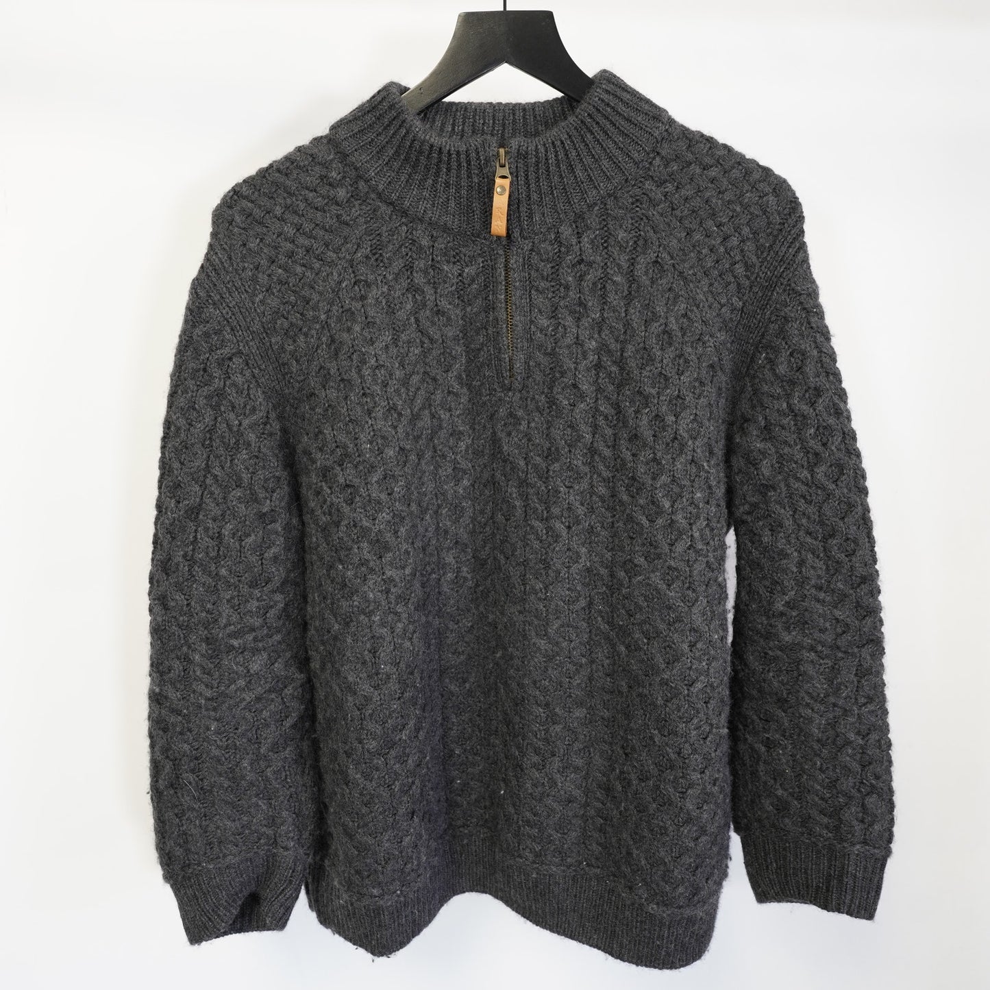 (L) Aran Sweater Market 1/4 Zip Cable Knit Wool Fisherman Sweater Men's L Gray Irish
