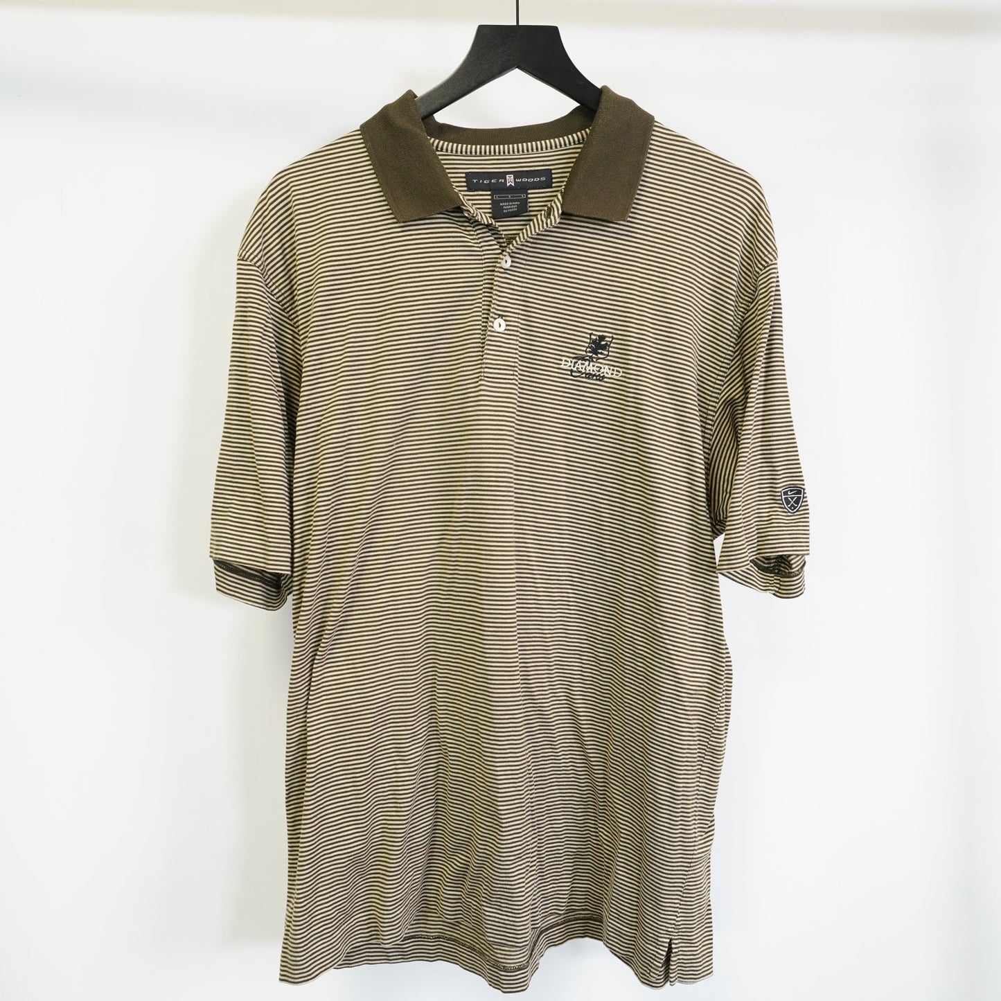 (L) Vintage Tiger Woods Nike Striped Golf Polo Shirt Men's L Brown Tan Preppy