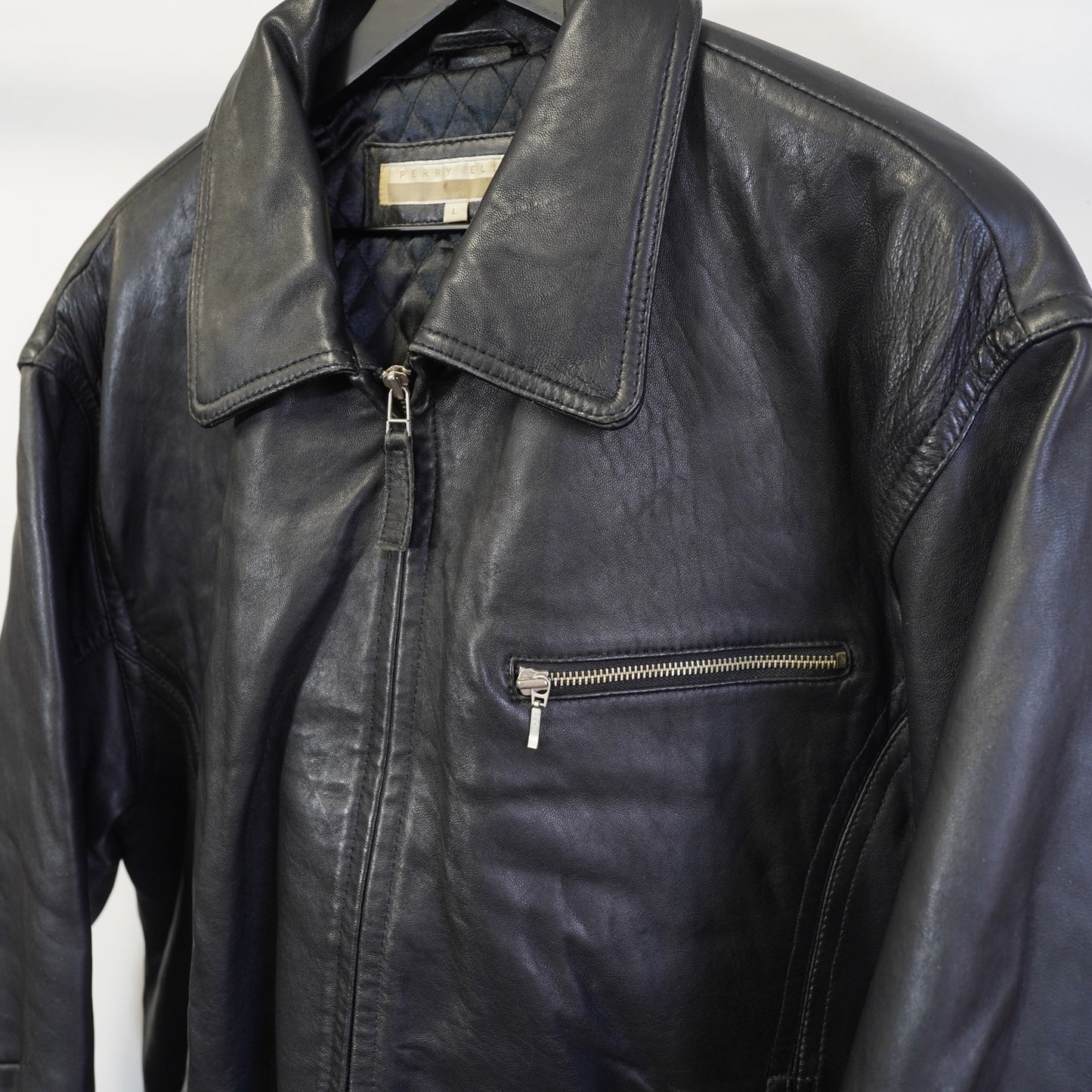 (L) Vintage Perry Ellis Lambskin Leather Black Bomber Jacket Men's L Pilot Retro