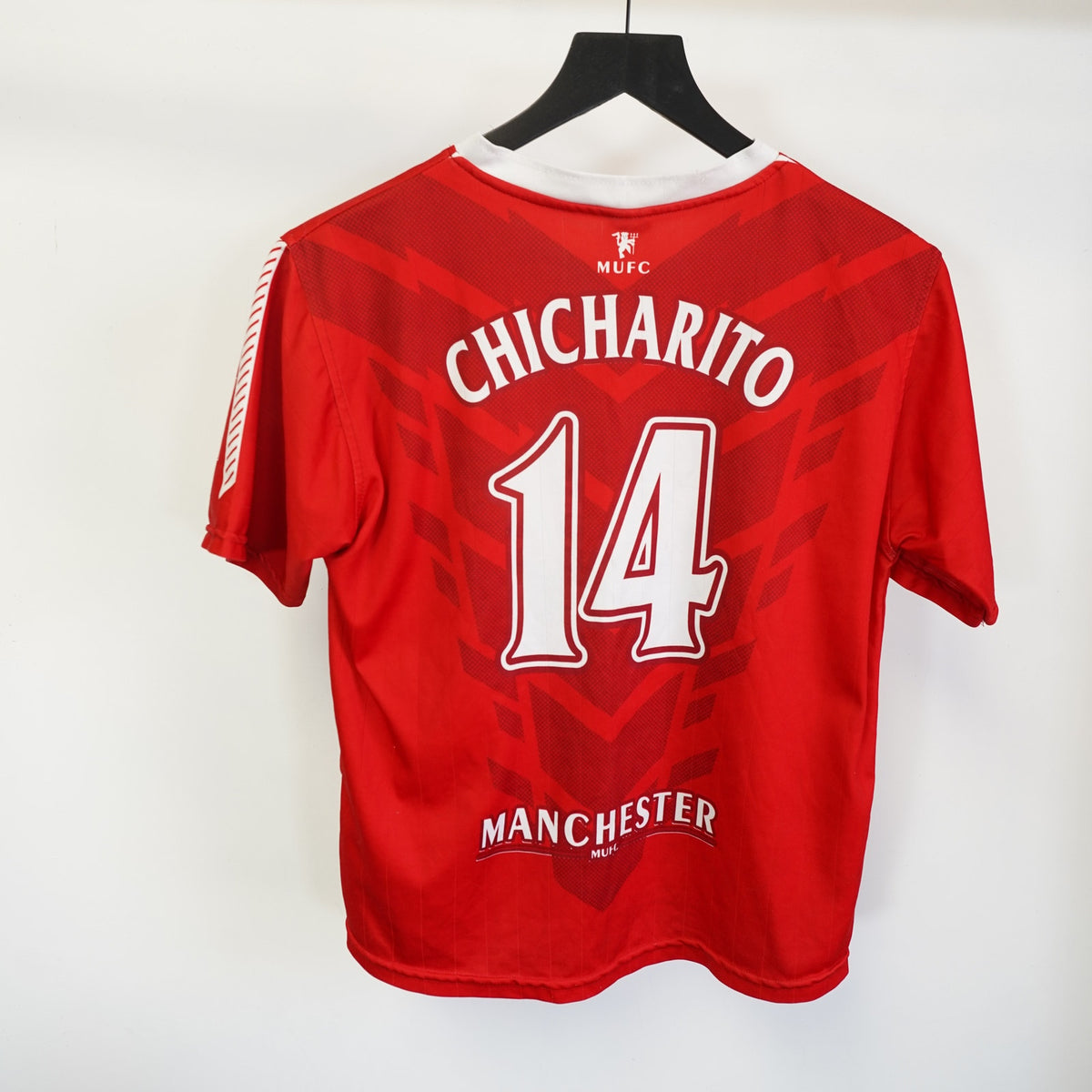 (Boys L) Chicharito Manchester United All Over Print Vintage Soccer Jersey Kids L/XL Red