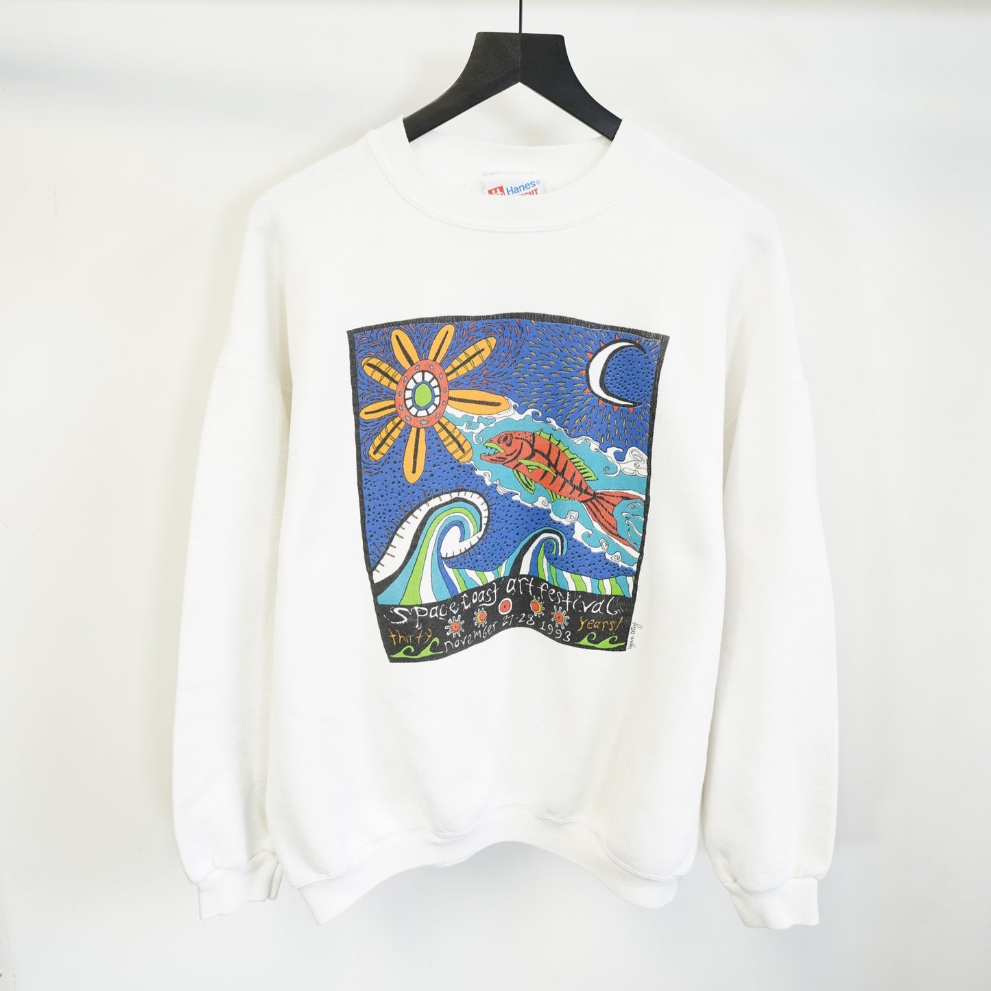 (XL) Vintage 90s Art Festival Nature Crewneck Sweatshirt Men's XL White Fish Retro
