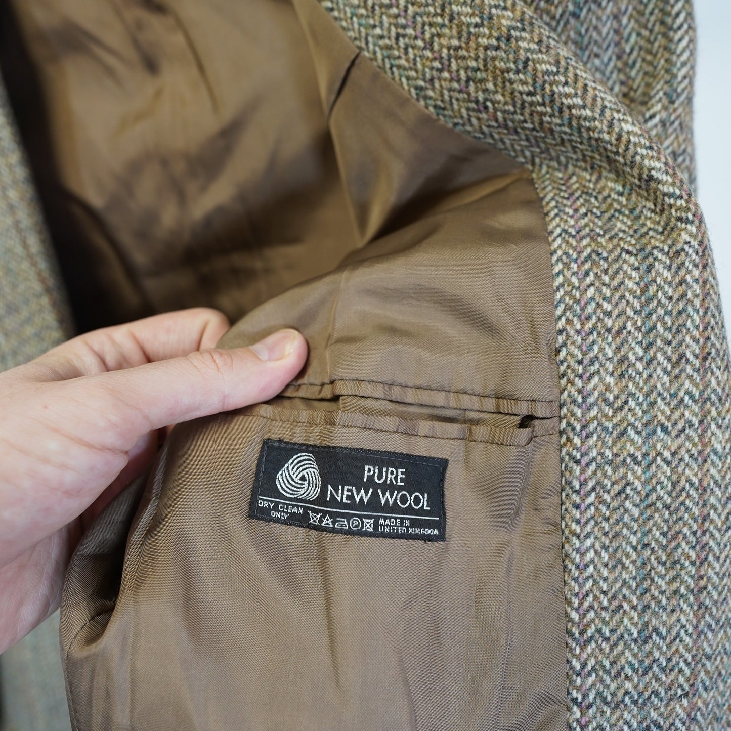 (44R) L Vintage Dunn & Co Tweed Pure Wool Suit Jacket Tan Herringbone Blazer