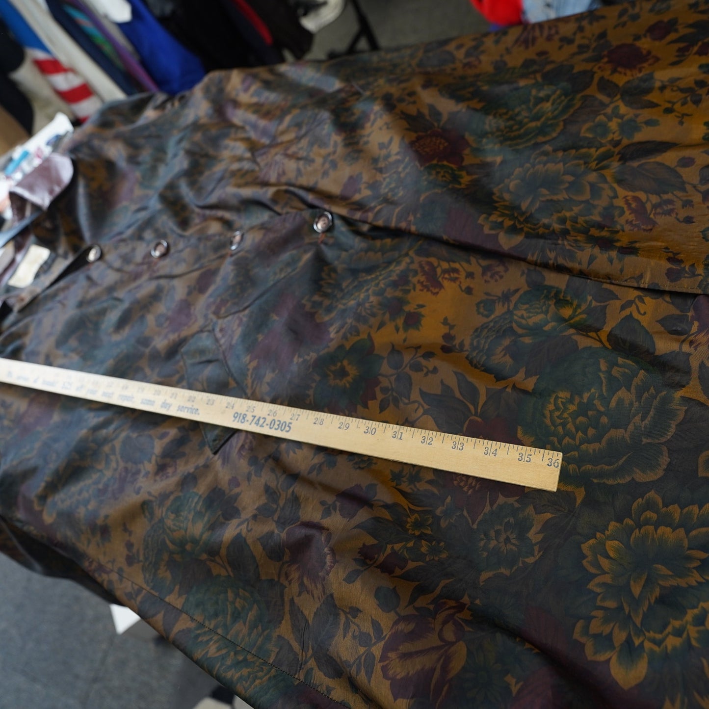 (Women's M) Vintage Roamans Floral Iridescent Trench Coat Flower Print Women's M Sz. 8 Brown
