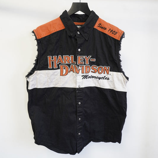 (M) Vintage Harley Davidson Motorcycle Vest Stitched Men's M Black Oranger Biker