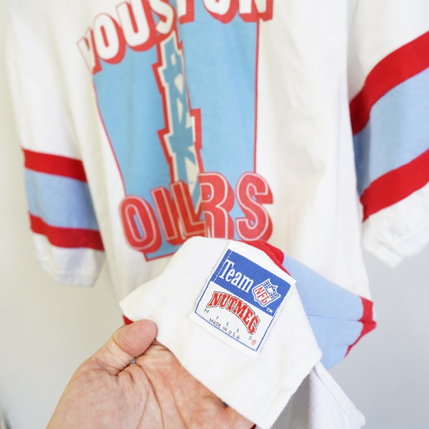 (L) Vintage Houston Oilers Nutmeg Mills 90s Striped T-Shirt Men's L White Blue Retro
