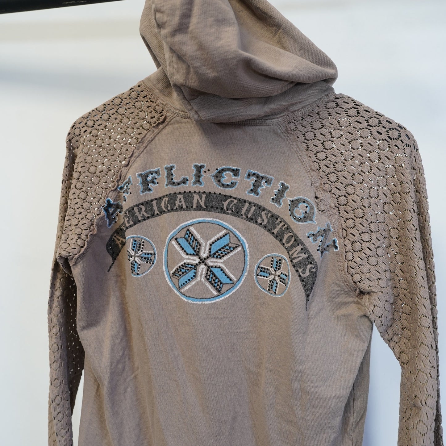 (Women's L ) Sinful Affliction Hoodie Lace Sleeves Made USA Skull Biker Y2K Tan