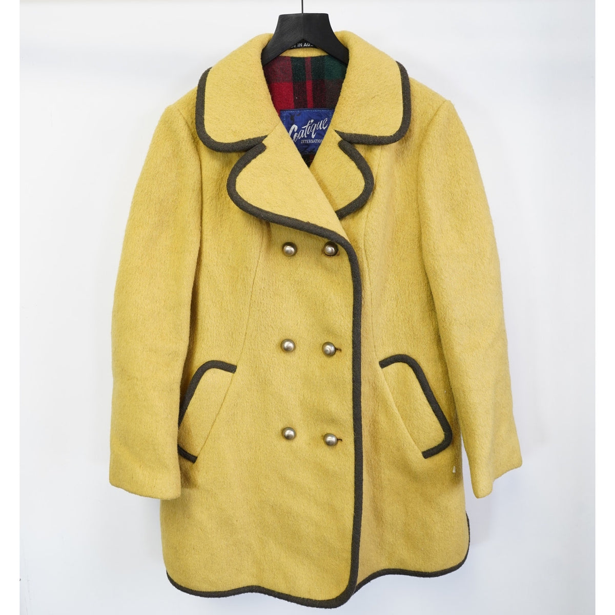 (Women's M) True Vintage Coatique International Yellow Wool Plaid Lined Coat Women's M