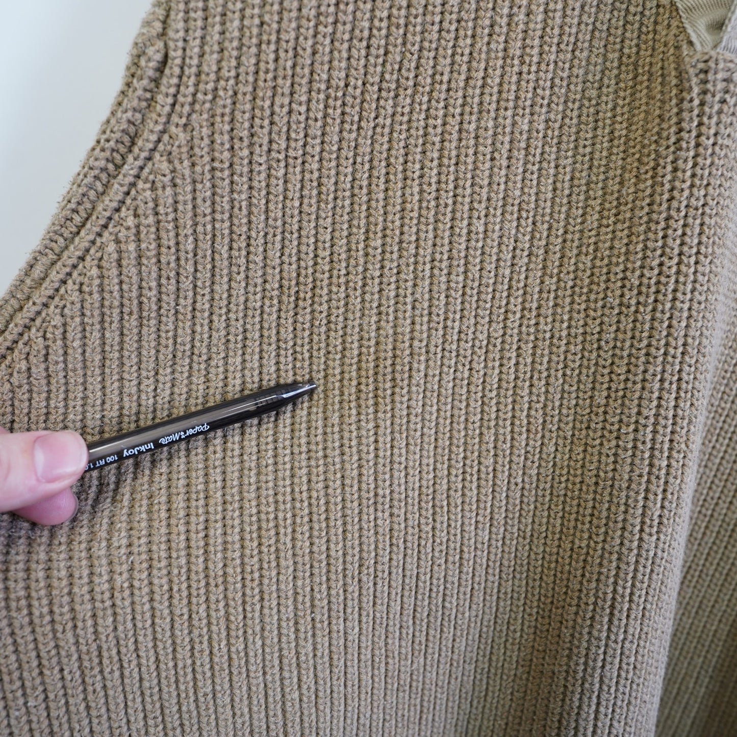 (XL) Vintage Orvis Heavy Knit Commando Fisherman Sweater Men's XL Khaki Shawl Collar