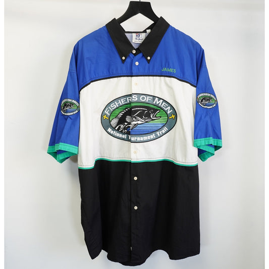 (3XL) Vintage Bass Master Fishers of Men Jesus Button Up Shirt Men's 3XL The Game Sewn