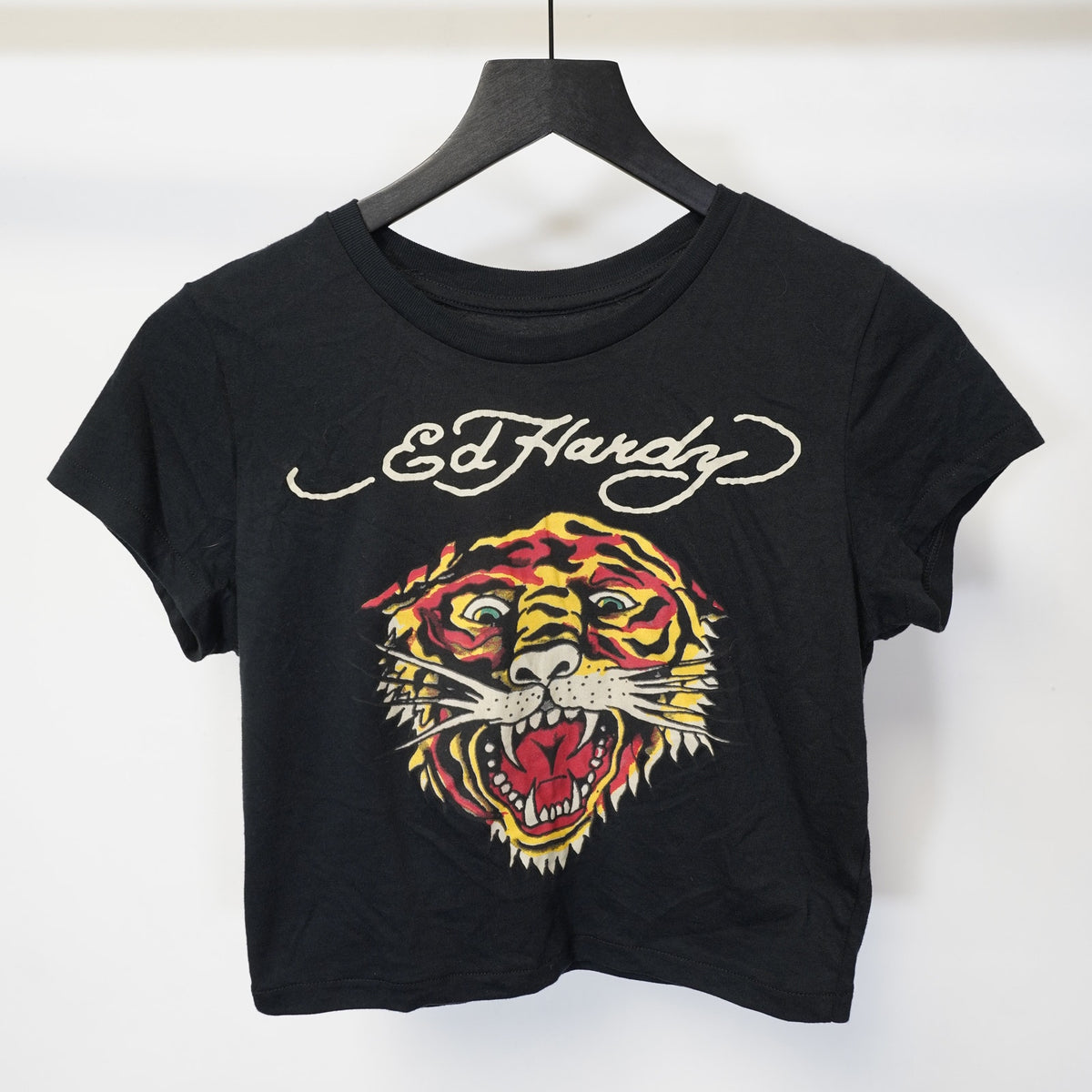 (Women's M) Vintage Ed Hardy Y2K Tiger Head Tattoo Crop Top Women's M Black 2000s Goth Emo