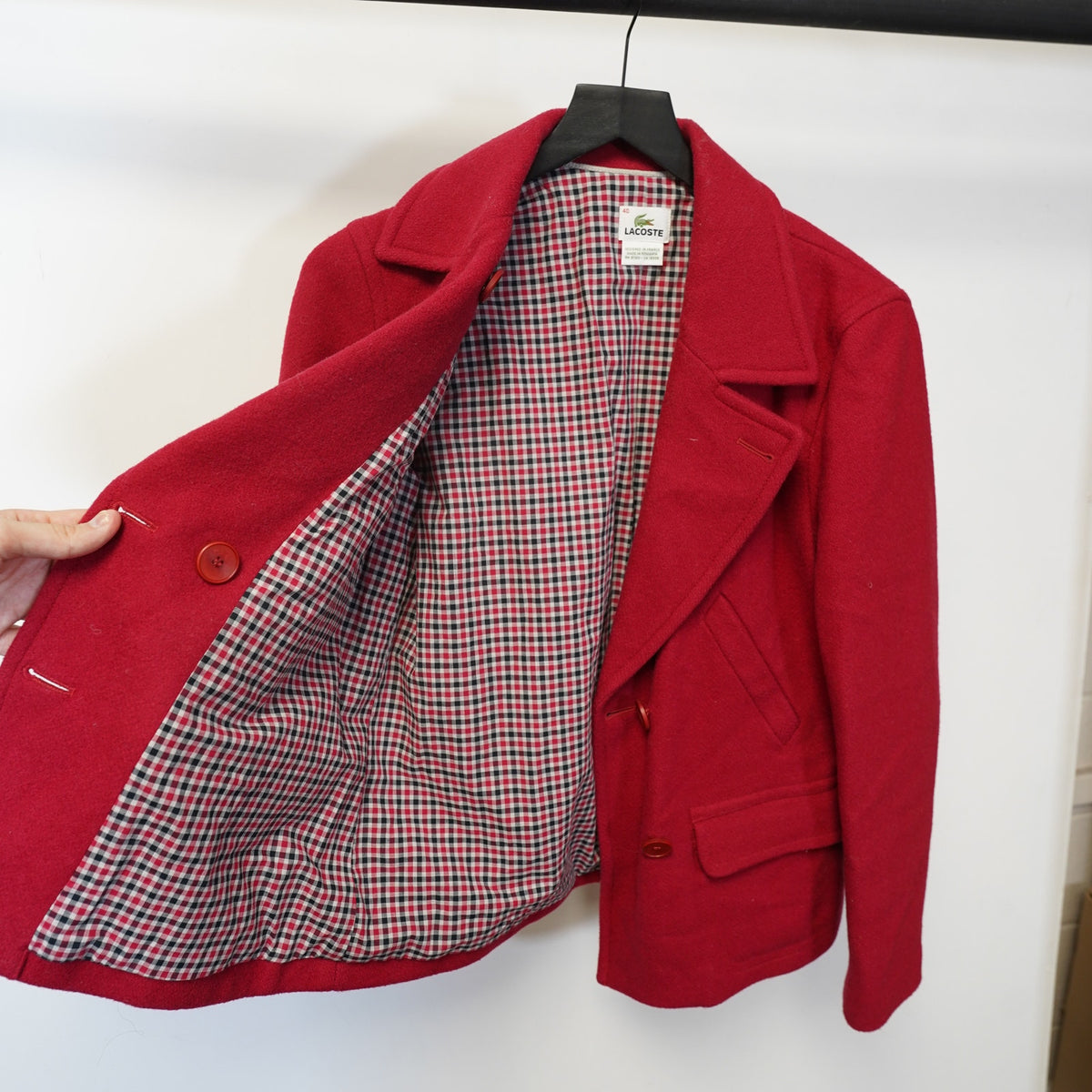 (Women's M) Vintage Lacoste Wool Plaid Lined Red Peacoat Women's Sz 40 L Preppy Glam