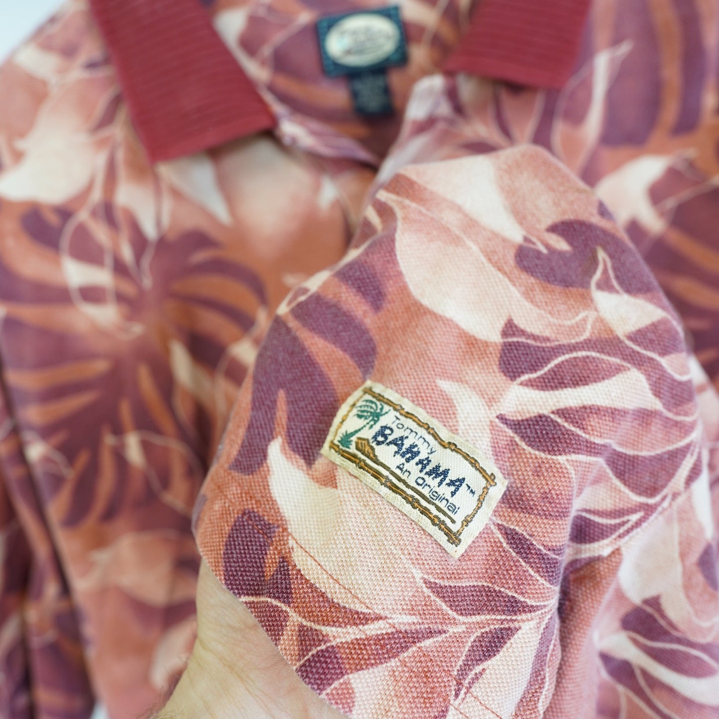 (L) Vintage Tommy Bahama Floral Hawaiian Polo Shirt Men's L Red Tropical Palm Tree
