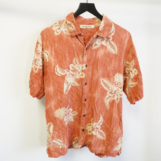 Vintage Tommy Bahama 100% Silk Hawaiian Button Up Shirt Men's M Orange Flowers