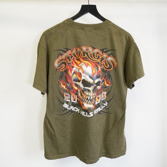 (M) Vintage Stugis 2000s Motorcycle Rally Skull Biker T-Shirt Mens M Olive Green Y2K