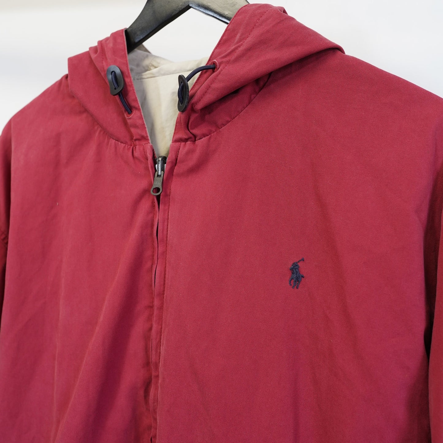 (L) Vintage Polo Ralph Lauren Reversible Hooded Rain Jacket Men's L Red Cream