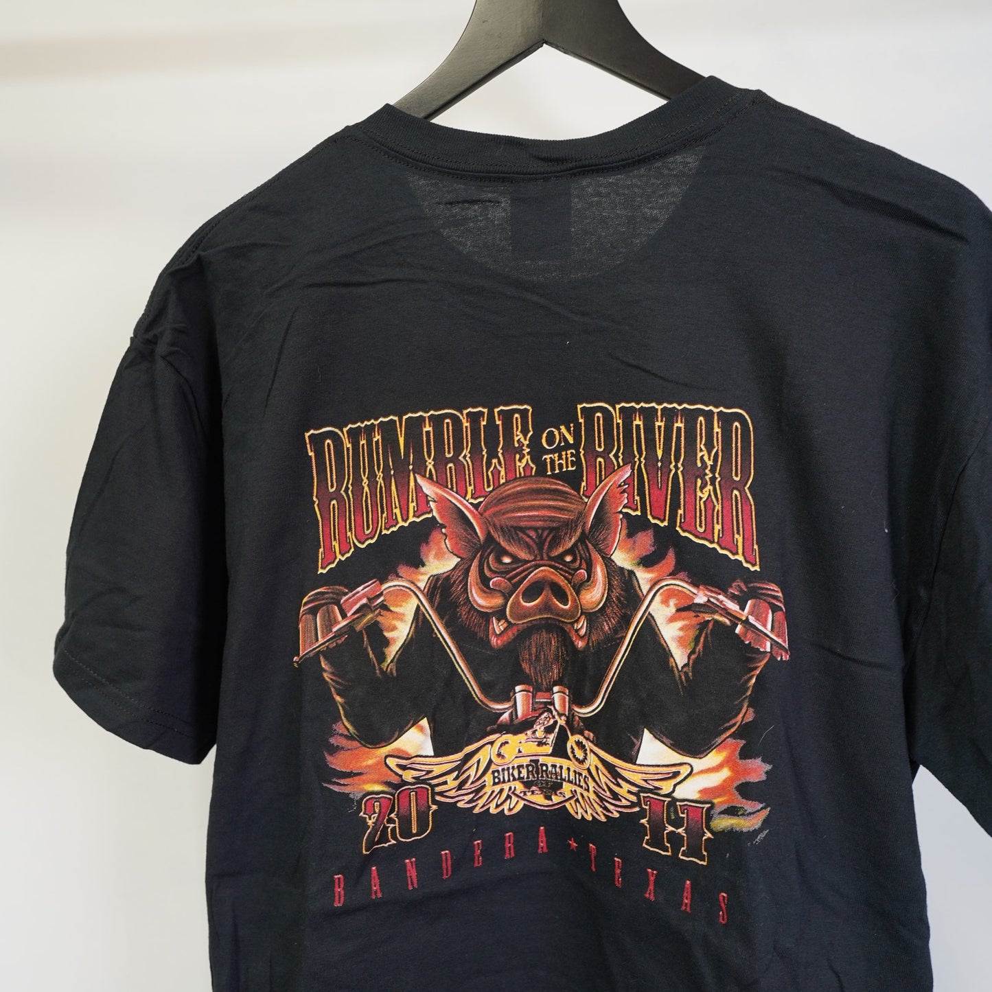 (L) Vintage Hog Biker Rumble on the River Motorcycle T-Shirt Men's L Black