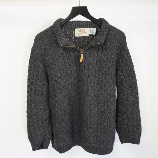 (L) Aran Sweater Market 1/4 Zip Cable Knit Wool Fisherman Sweater Men's L Gray Irish