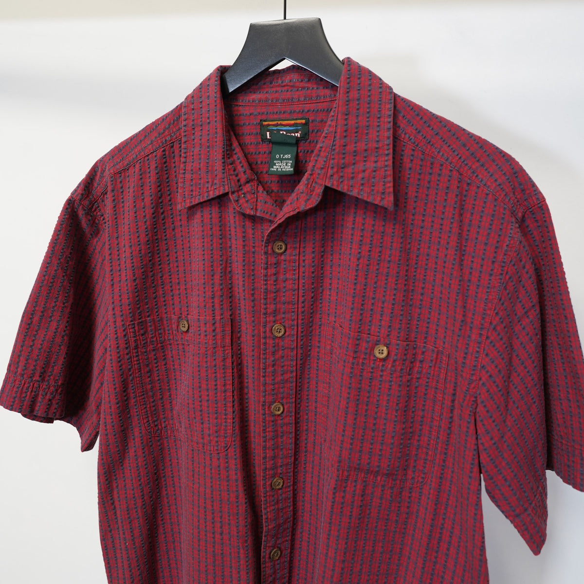 (M) Vintage L.L. Bean Plaid Camp Short Sleeve Button Up Shirt Men's M Red Blue