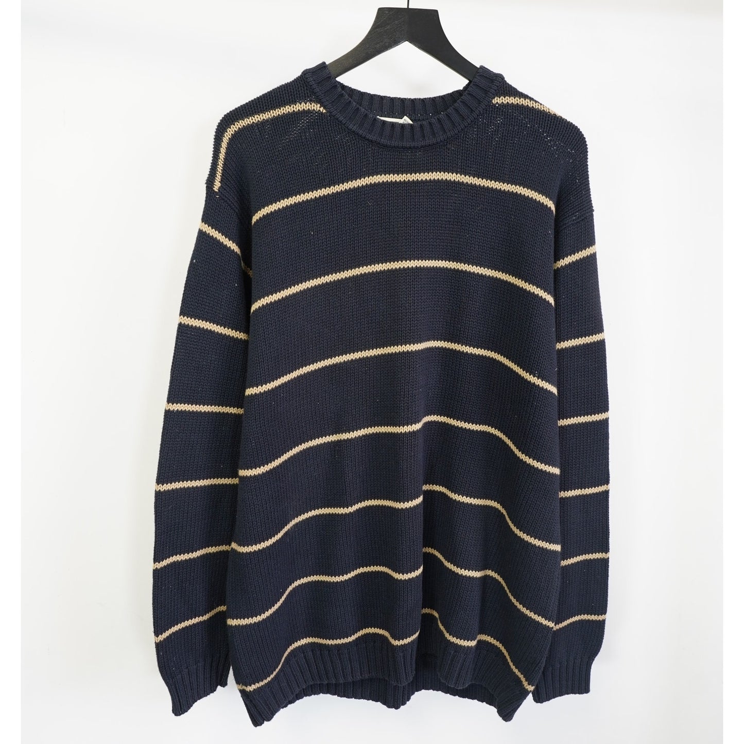 (L) Vintage L.L. Bean Striped Heavy Knit Sweater Men's L 90s Navy Blue Tan