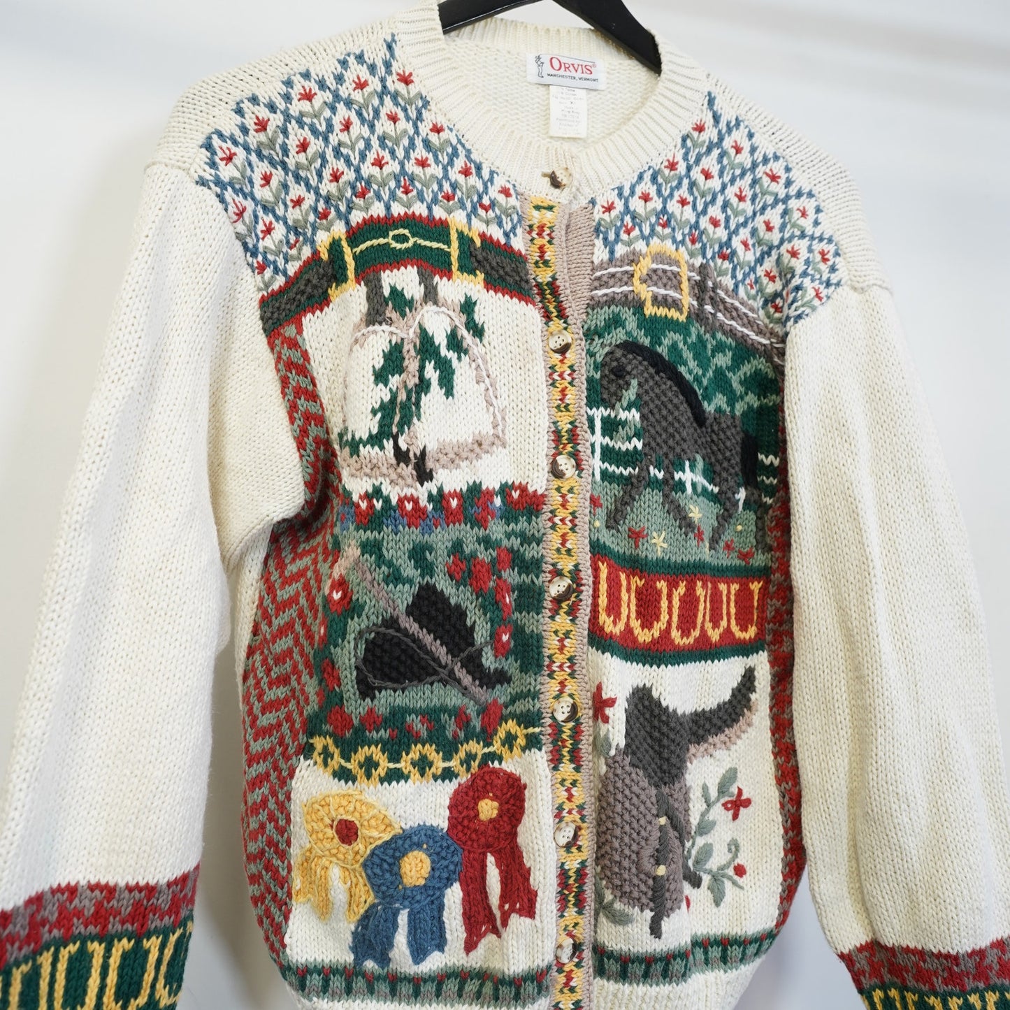 (Women's S/M) Vintage Orvis Equestrian Cable Knit Horse Nature Sweater Cottage