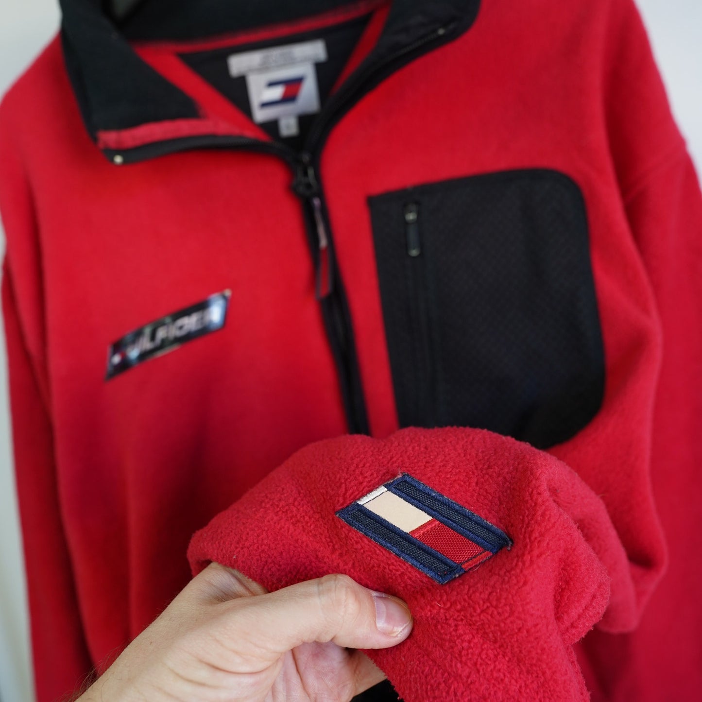 (L) Vintage Tommy Hilfiger Athletics 1/4 Zip Fleece Pullover Men's L Red Jacket
