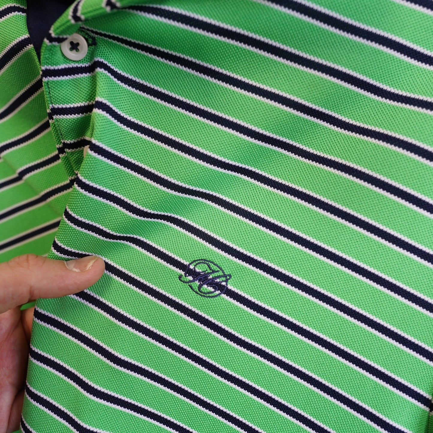 (L) Ralph Lauren RLX Striped Golf Polo Shirt Men's L Stitched H Green Navy Blue