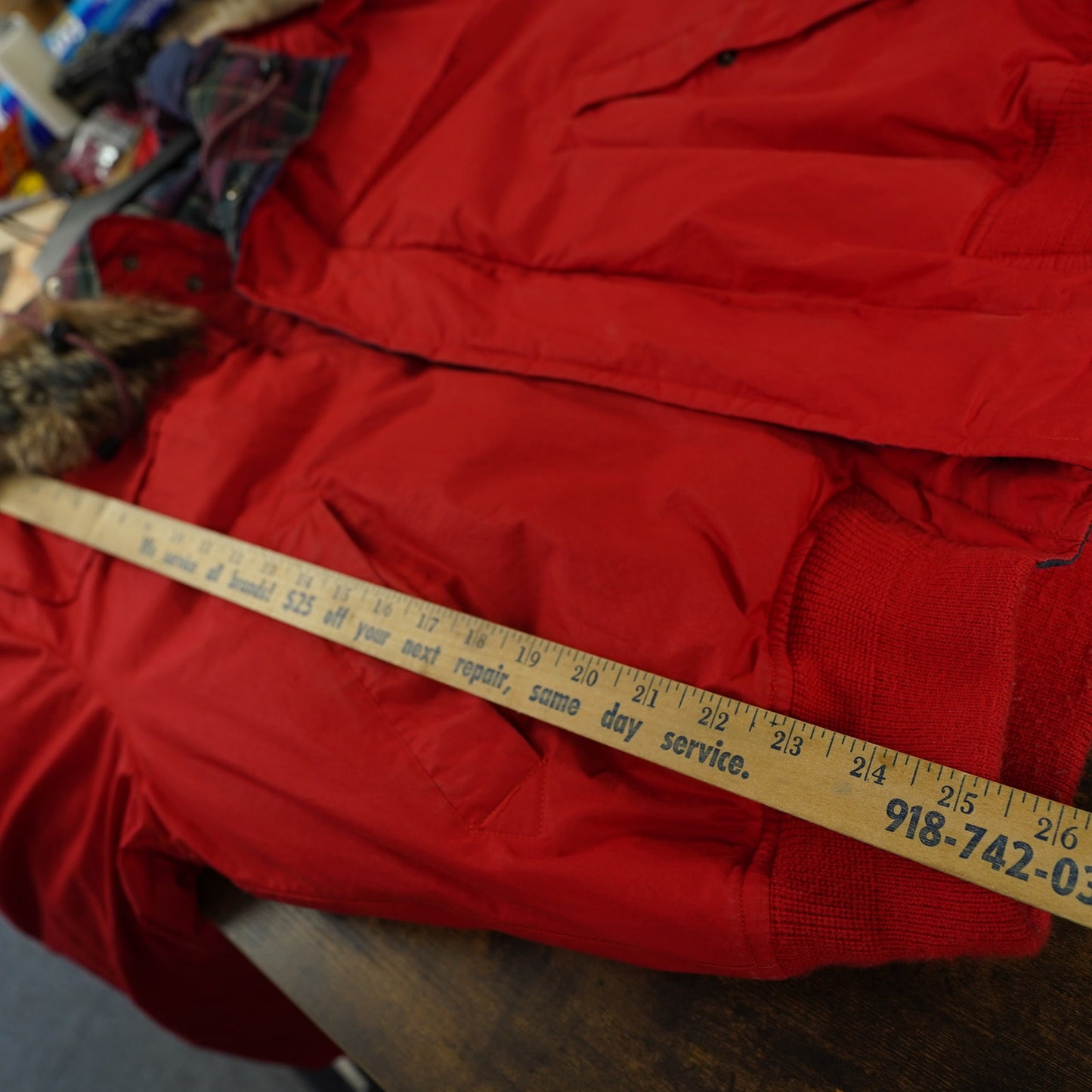 (M) Vintage 90s Nautica Plaid Lined Red Bomber Puffer Jacket Men's M Fur Hood Preppy