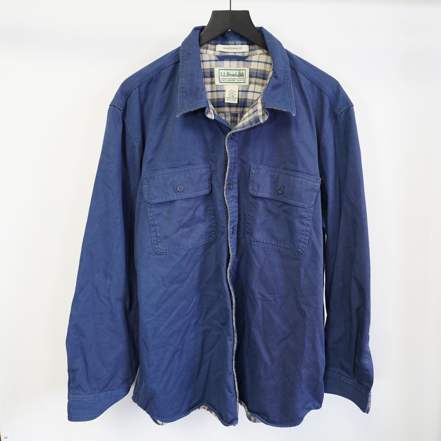 (XL) Vintage LL Bean Shirt Jacket Mens XL Blue Flannel Plaid Lined Barn Chore Shacket