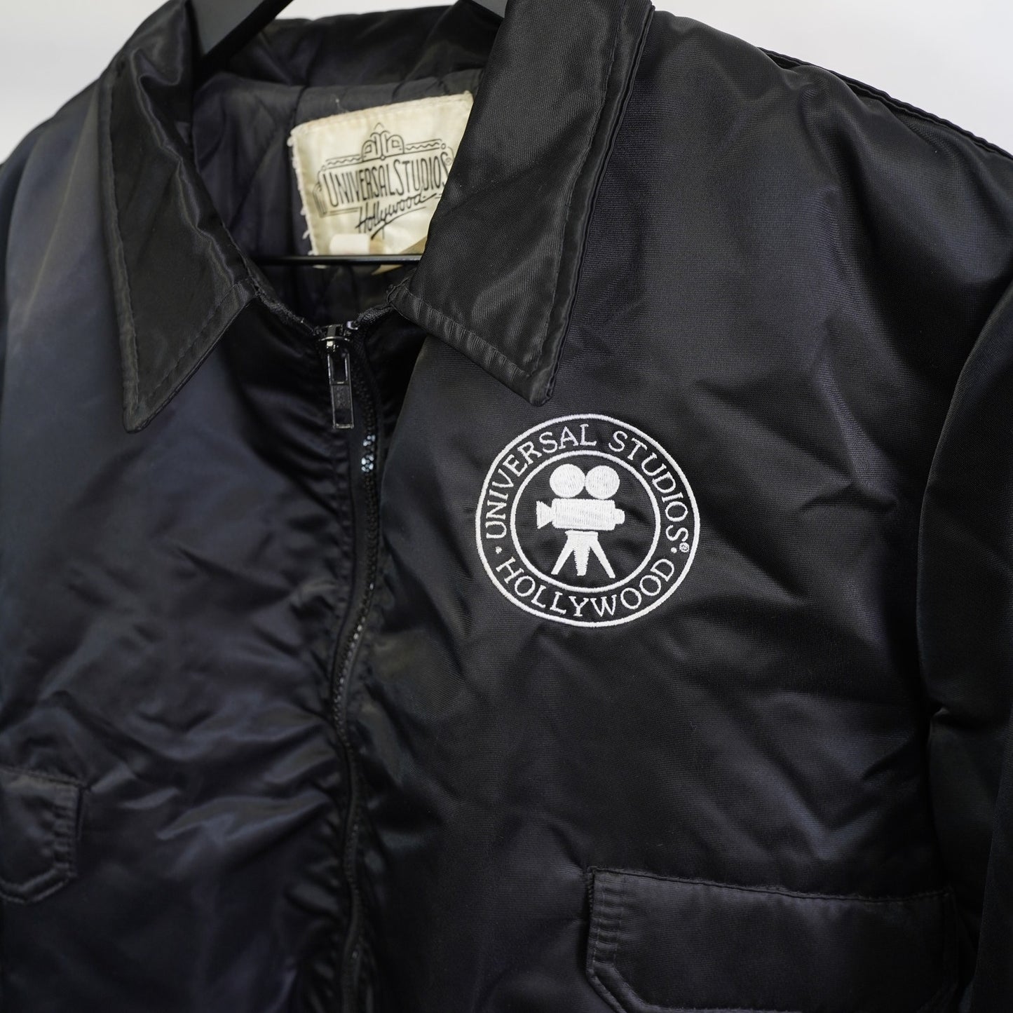 (Youth L) Vintage Universal Studios Hollywood Bomber Jacket Kids Large Black 90s Satin