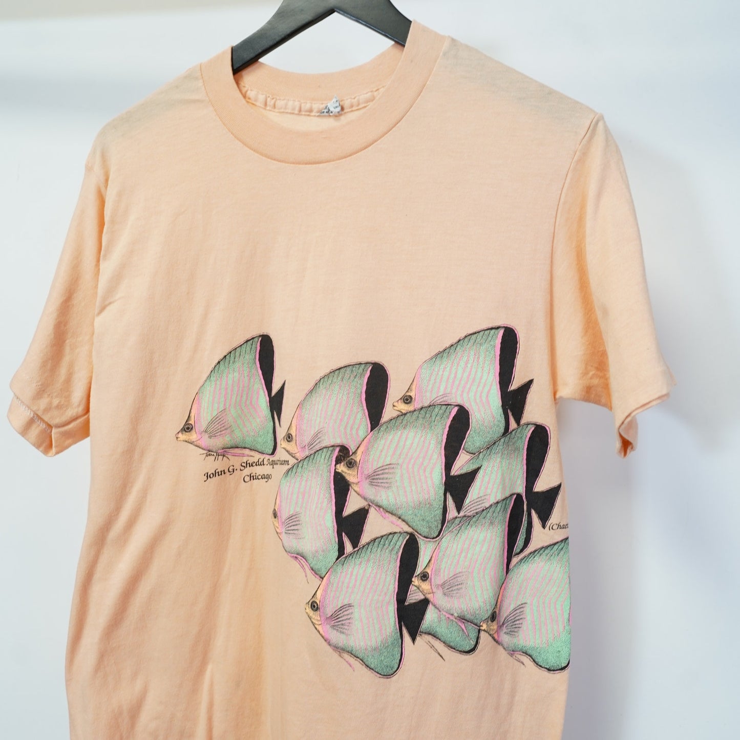 (M) Vintage 80s Chicago Aquarium Harlequin Fish Single Stitch T-Shirt Men's M Peach