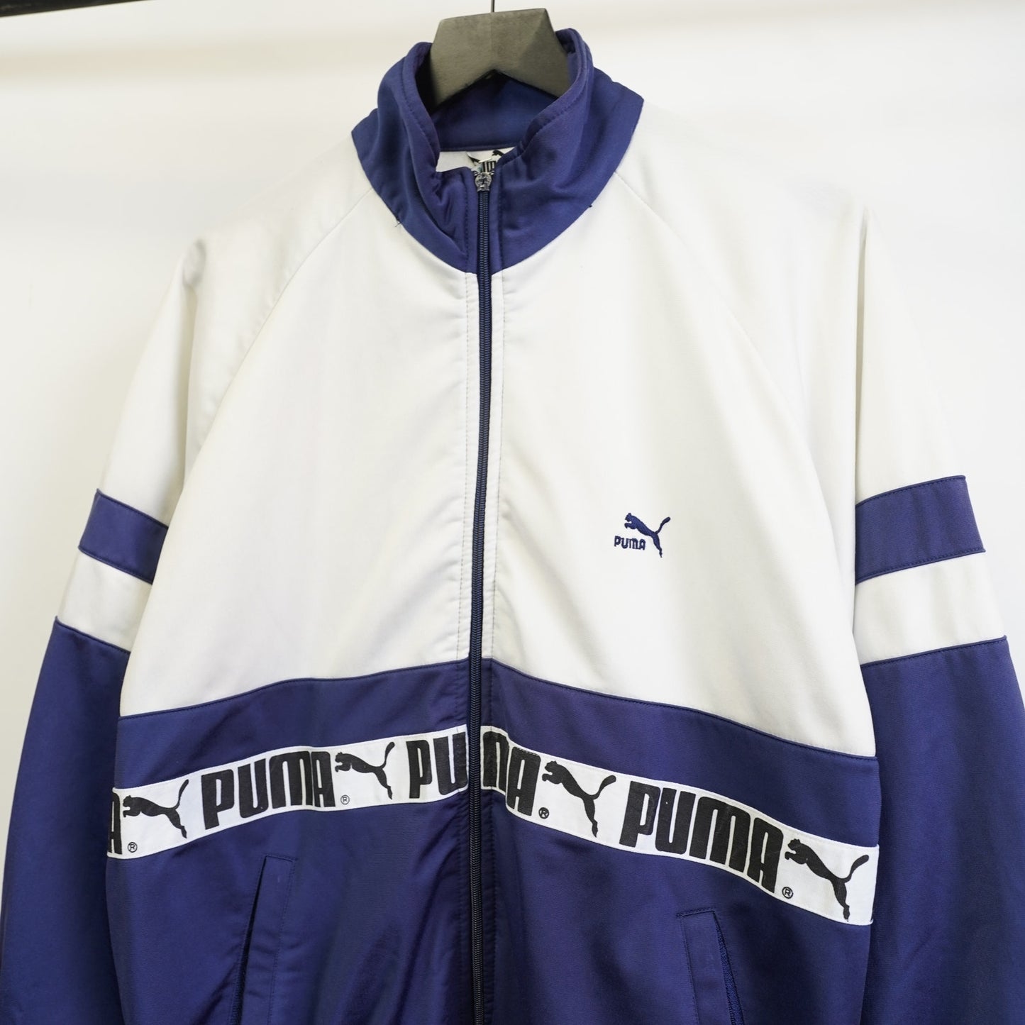 (L) Vintage Puma 90s Track Jacket Navy White Men's L Retro Full Zip