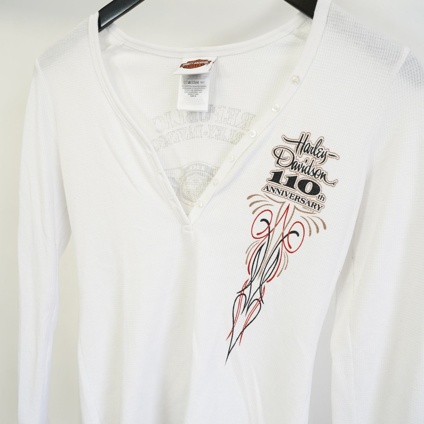 (Women's M) Harley Davidson Thermal Longsleeve Biker T-Shirt Women's M White Motorcycle