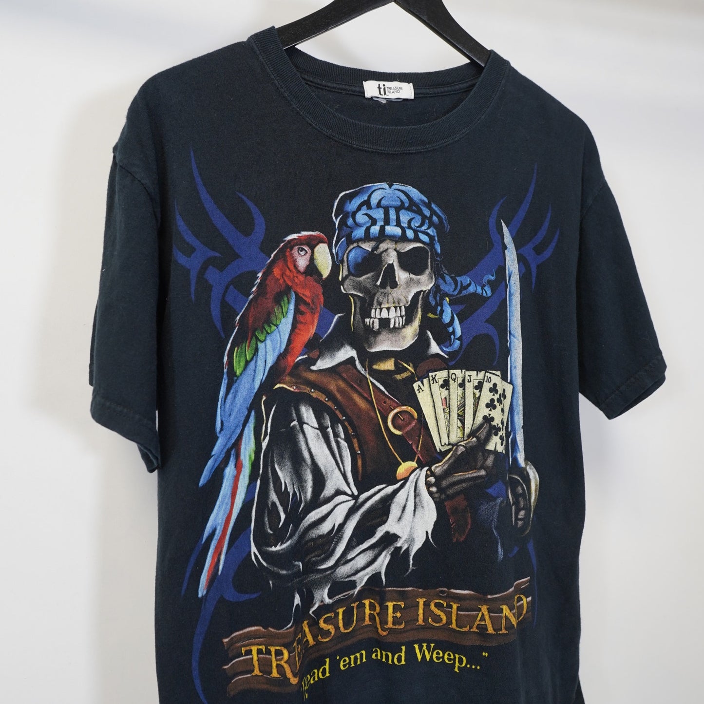 (L) Vintage Treasure Island Pirate T-Shirt Men's L Black Skeleton Parrot Buccaneer