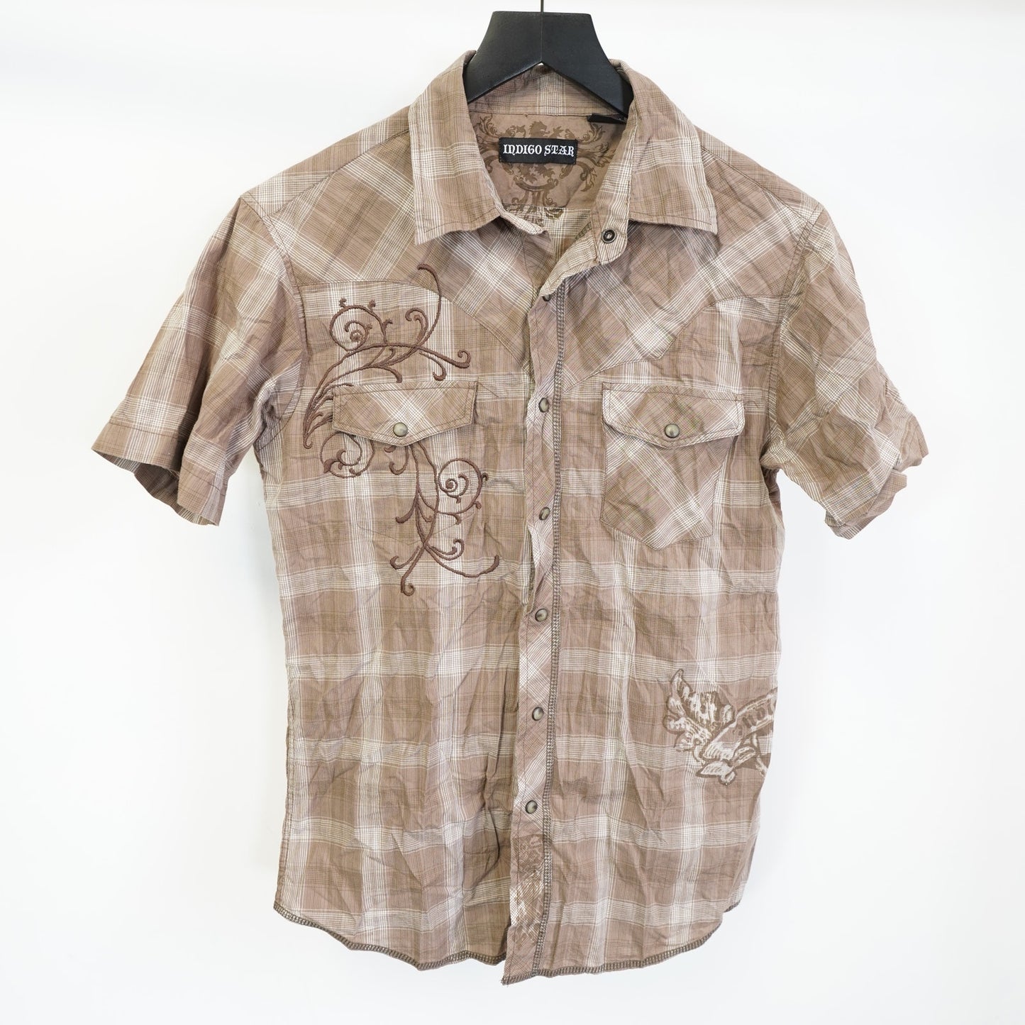 (S) Vintage Indigo Star Y2K Embroidered Western Pearl Snap Button Up Mens S Tan 2000